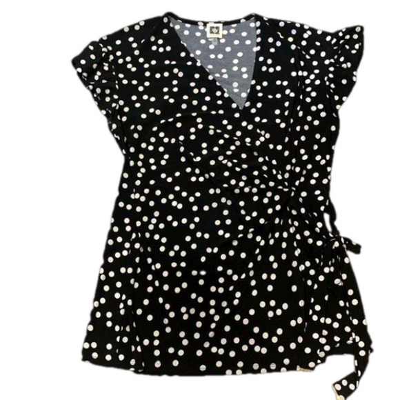 Anne Klein Medium Polka Dot Faux Wrap Top. Deep V Neck Side Tie - Picture 1 of 14
